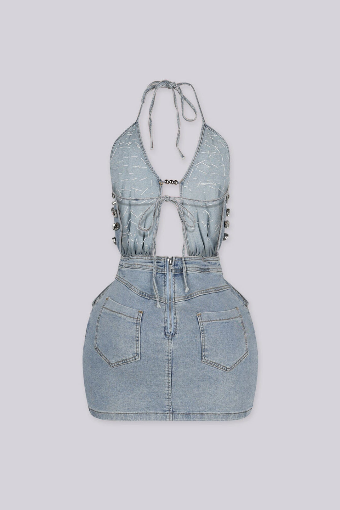 EDGEBYKS - Denim halter neckline mini dress with plunging V-front, back view