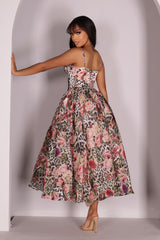 Organza corset top maxi dress with leopard floral golden print
Voluminous skirt with built in tulle mesh