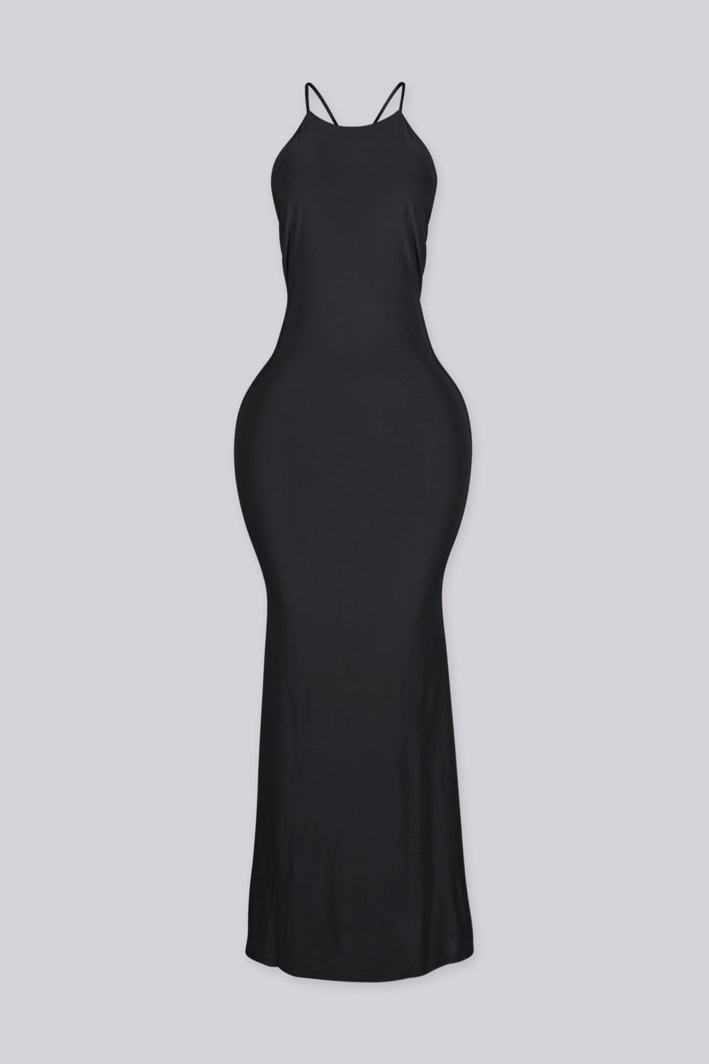 Sleeveless fitted maxi dress with high halter neckline and open back featuring thin straps