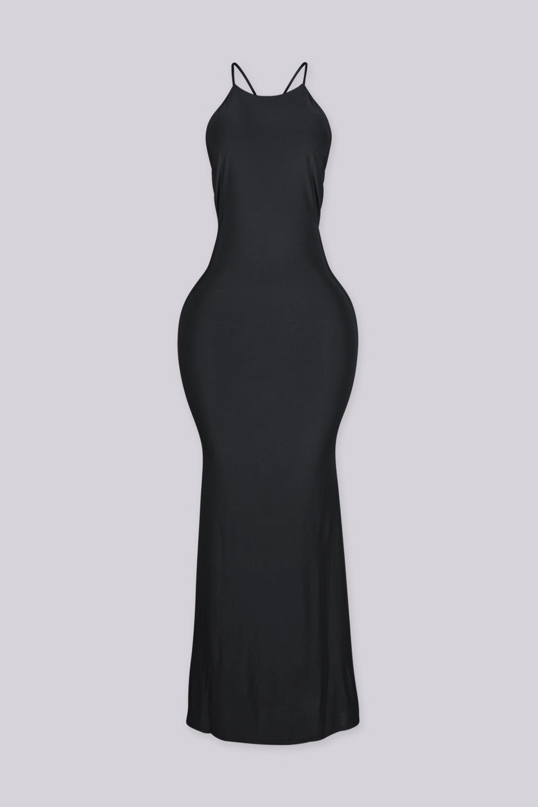 Sleeveless fitted maxi dress with high halter neckline and open back featuring thin straps