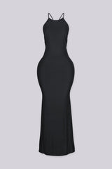 Sleeveless fitted maxi dress with high halter neckline and open back featuring thin straps