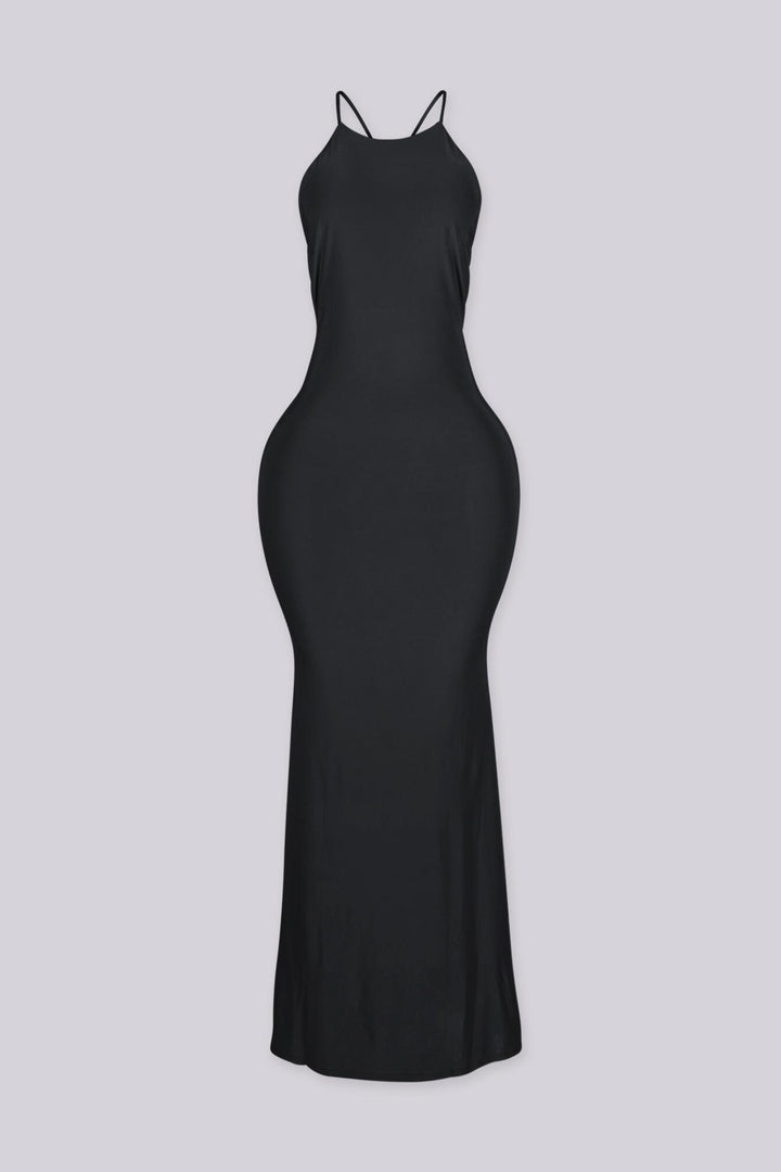 Sleeveless fitted maxi dress with high halter neckline and open back featuring thin straps