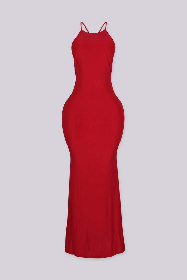 Sleeveless fitted maxi dress with high halter neckline and open back featuring thin straps