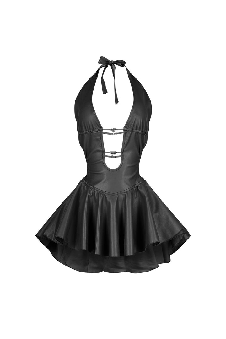 Open back PU halter mini dress featuring double strappy back and rhinestone details