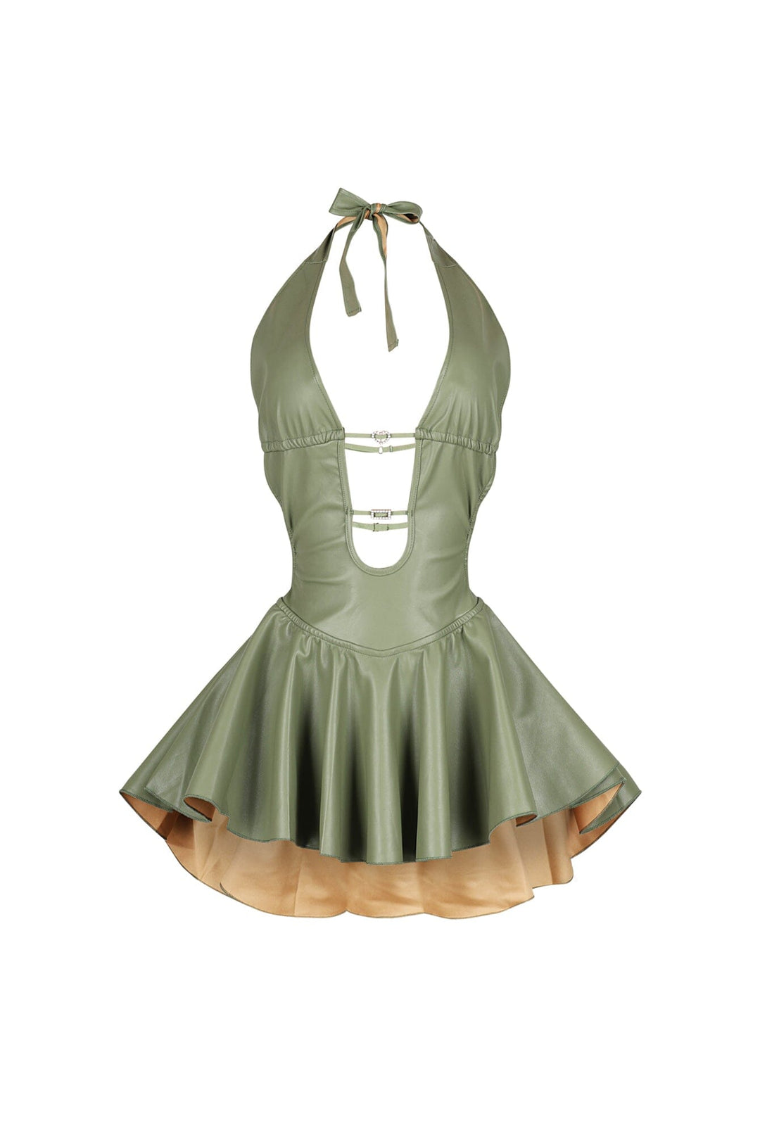 Open back PU halter mini dress featuring double strappy back and rhinestone details