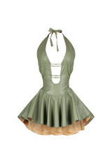 Open back PU halter mini dress featuring double strappy back and rhinestone details