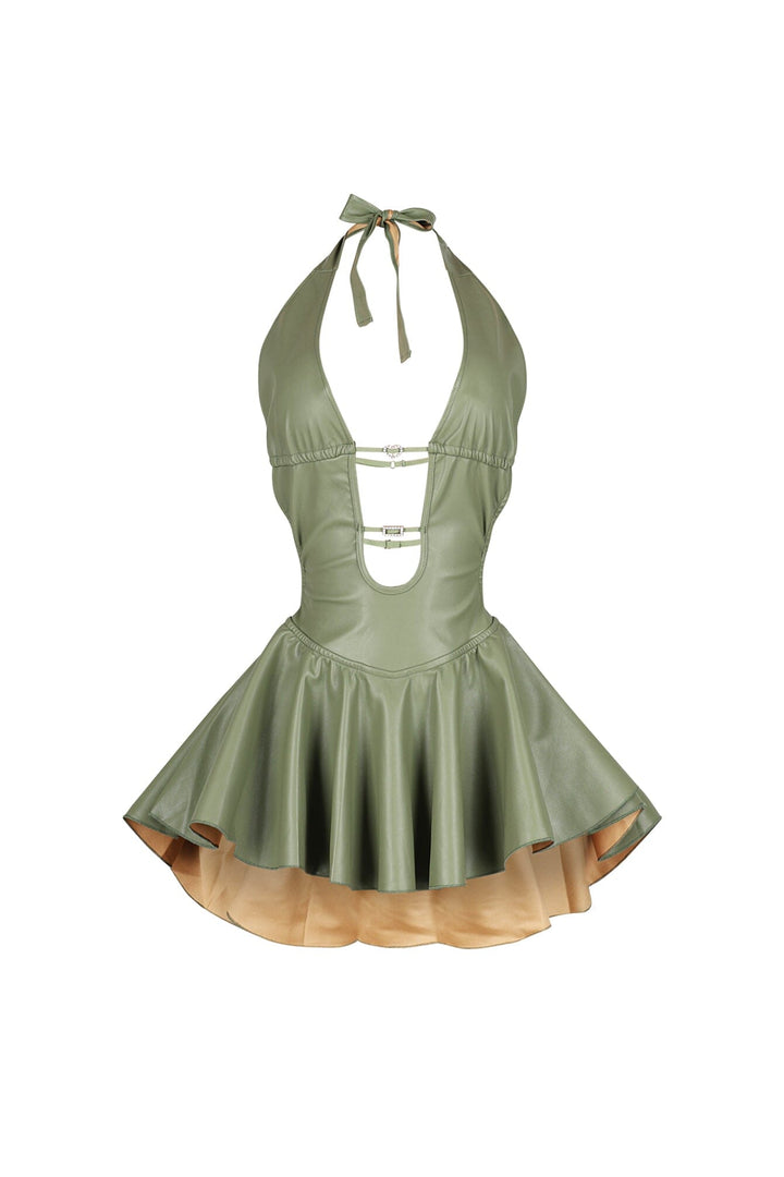 Open back PU halter mini dress featuring double strappy back and rhinestone details