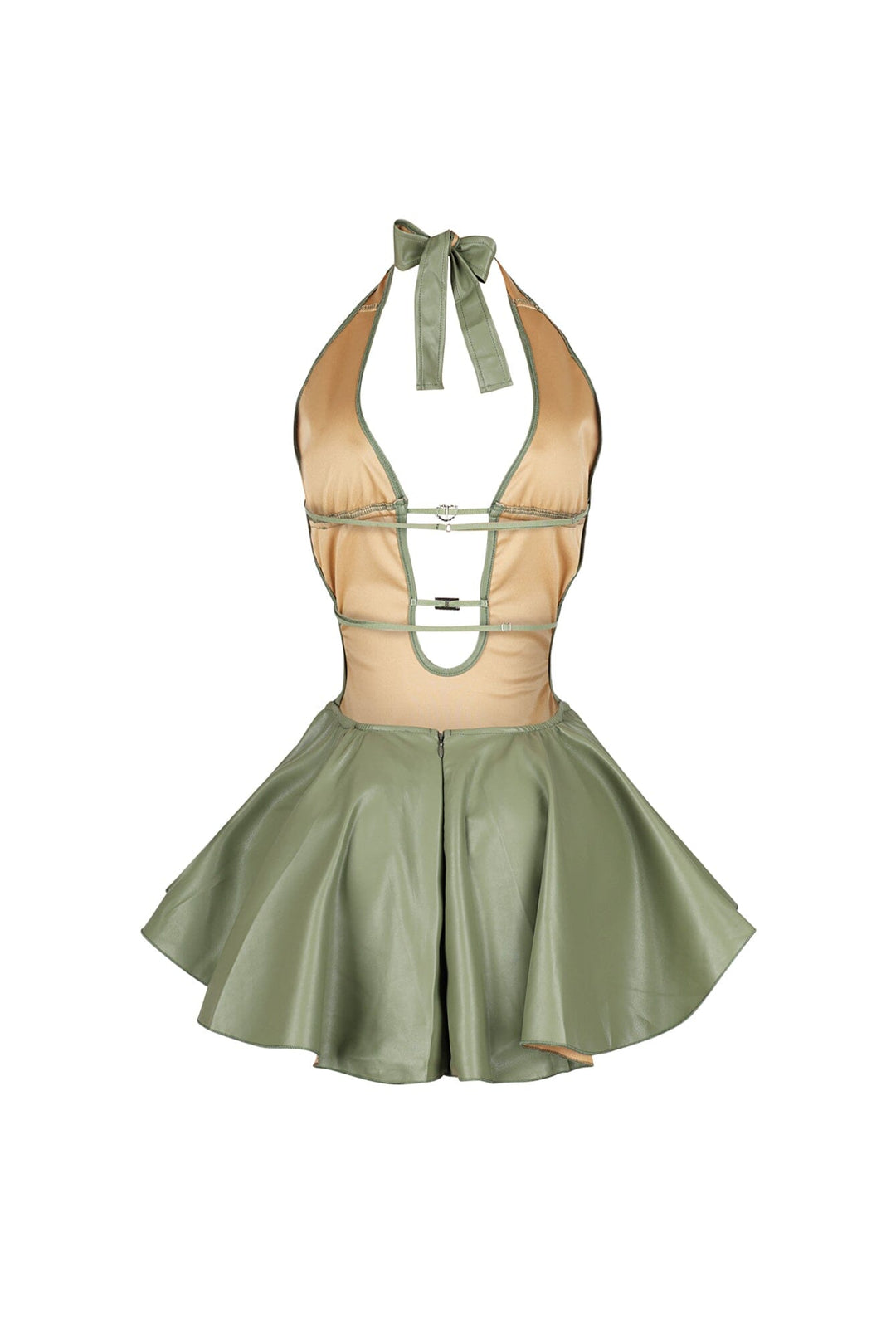 Open back PU halter mini dress featuring double strappy back and rhinestone details