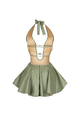 Open back PU halter mini dress featuring double strappy back and rhinestone details
