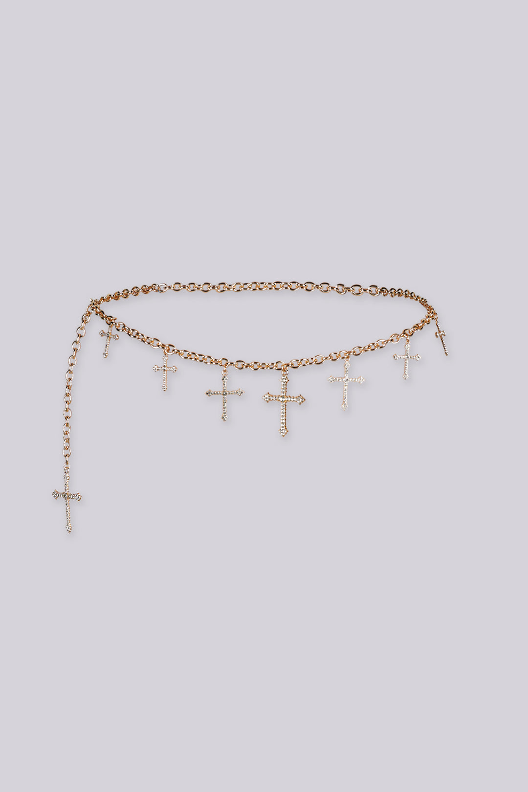 Adjustable draped design chain belt with multiple rhinestone cross charms