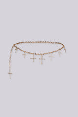 Adjustable draped design chain belt with multiple rhinestone cross charms