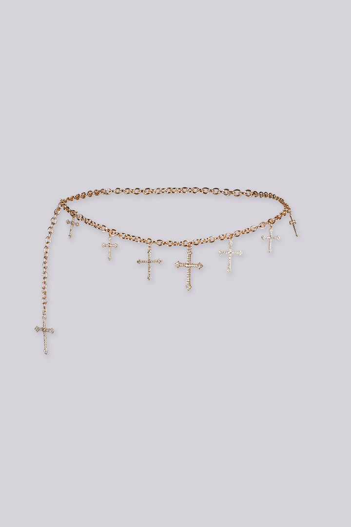 Adjustable draped design chain belt with multiple rhinestone cross charms