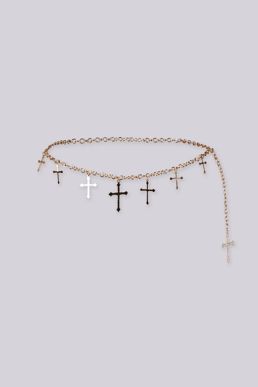 Adjustable draped design chain belt with multiple rhinestone cross charms