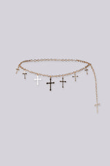 Adjustable draped design chain belt with multiple rhinestone cross charms