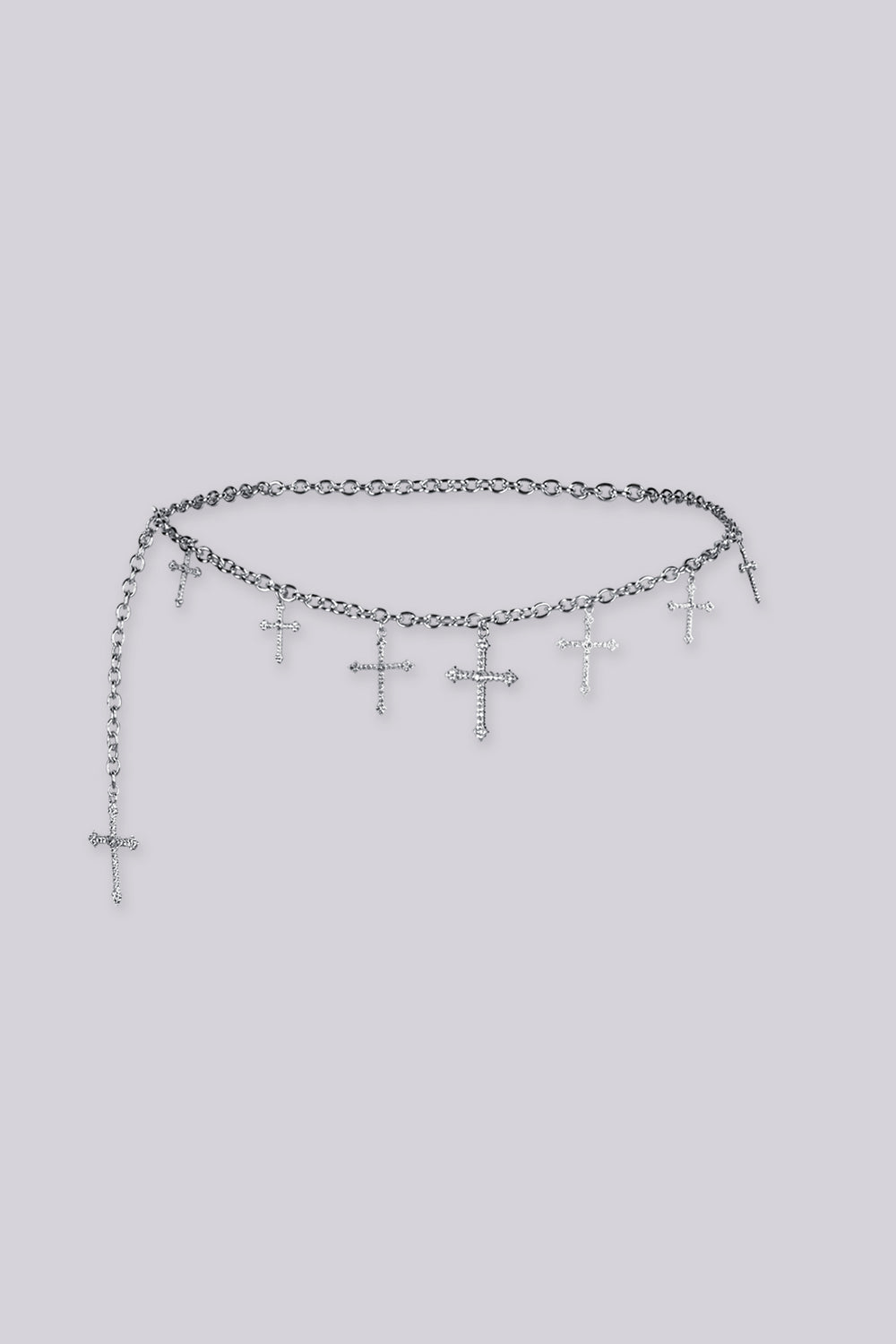 Adjustable draped design chain belt with multiple rhinestone cross charms