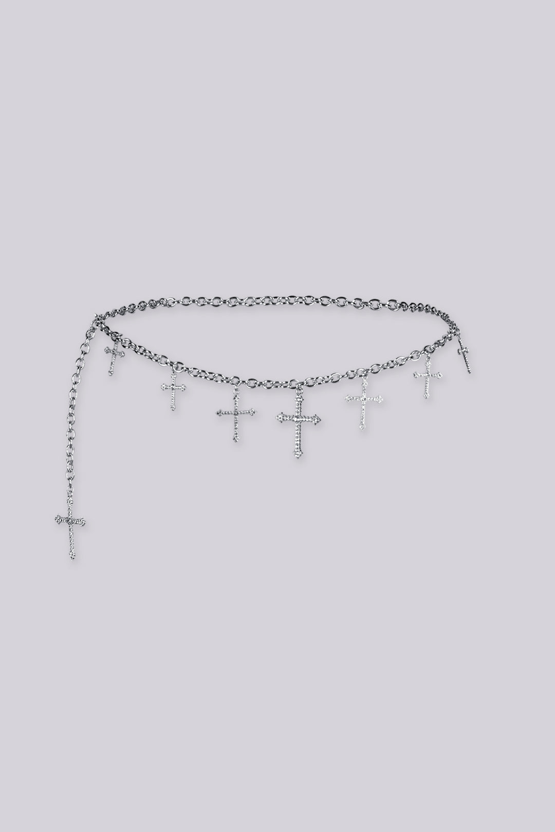 Adjustable draped design chain belt with multiple rhinestone cross charms