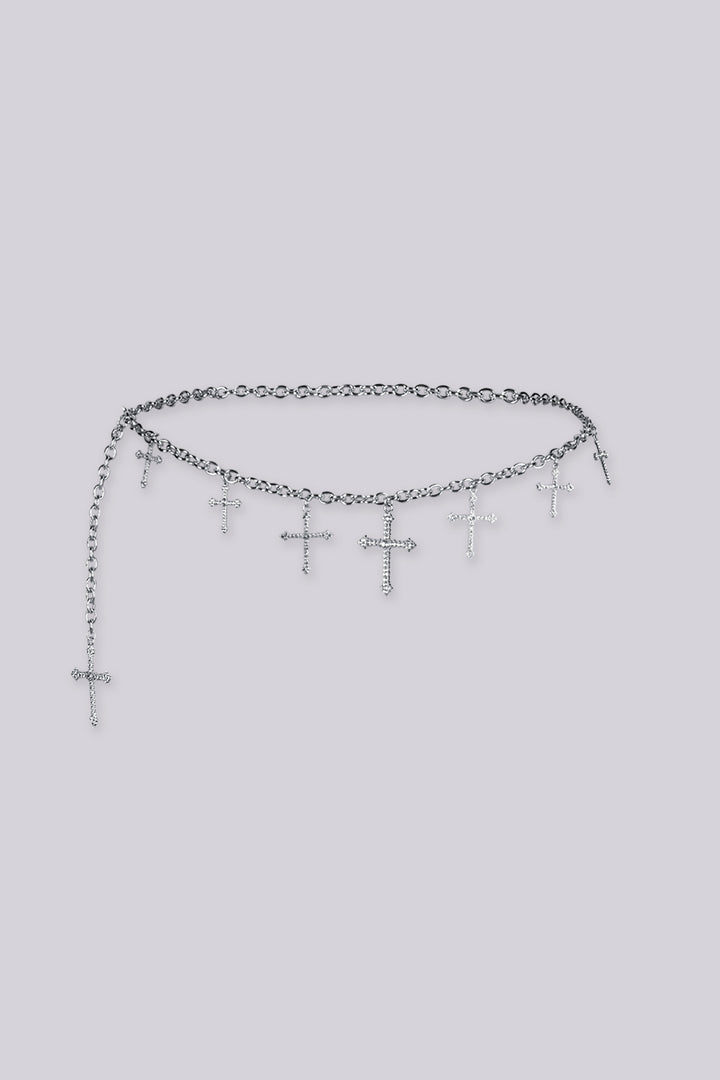 Adjustable draped design chain belt with multiple rhinestone cross charms