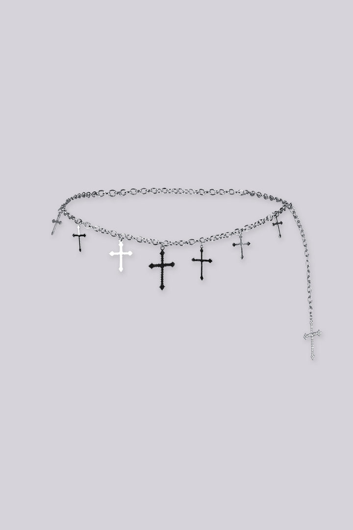 Adjustable draped design chain belt with multiple rhinestone cross charms