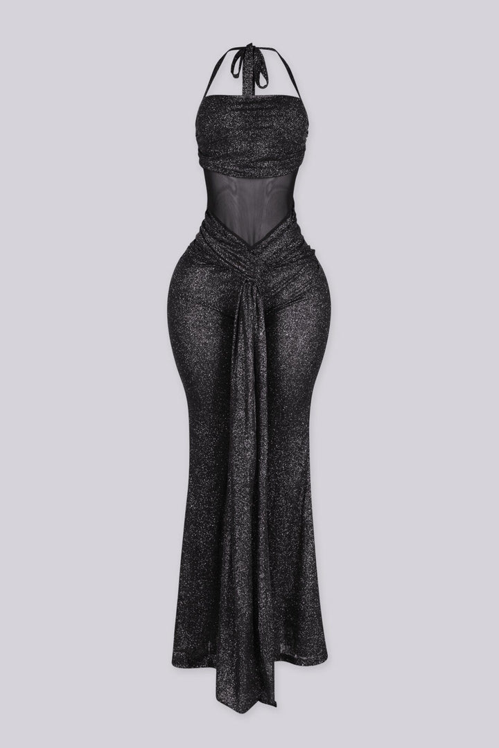 Silver glitter two-tone wide leg jumpsuit featuring corset waist detail