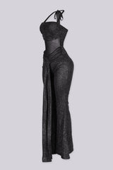 Silver glitter two-tone wide leg jumpsuit featuring corset waist detail
