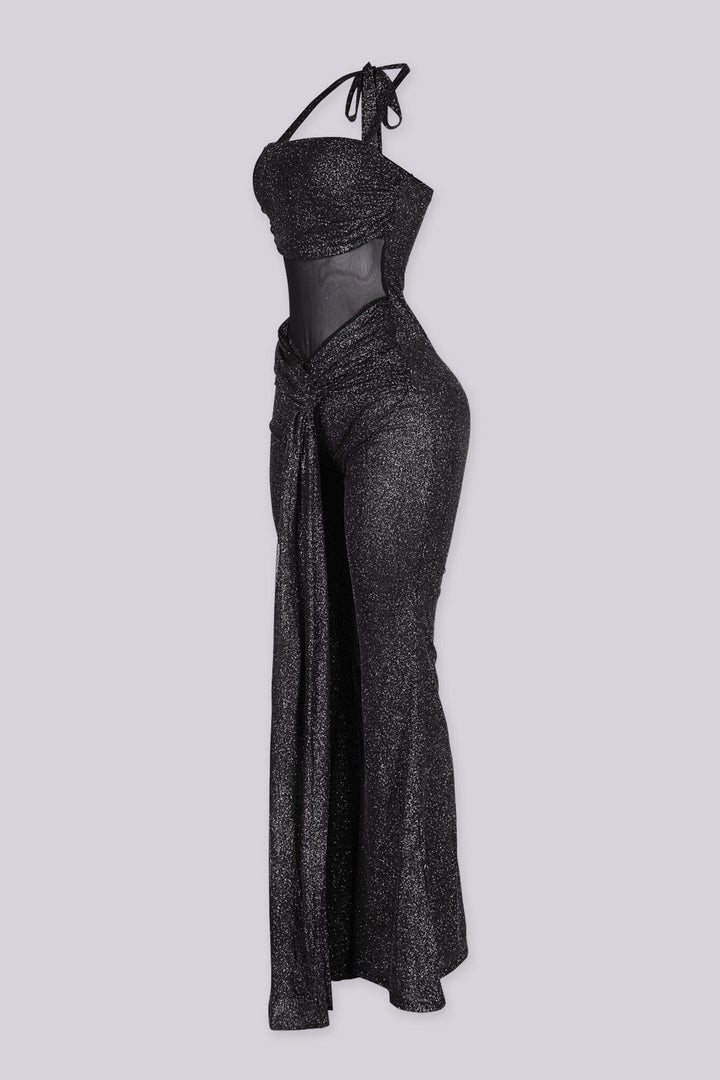 Silver glitter two-tone wide leg jumpsuit featuring corset waist detail