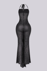 Silver glitter two-tone wide leg jumpsuit featuring corset waist detail