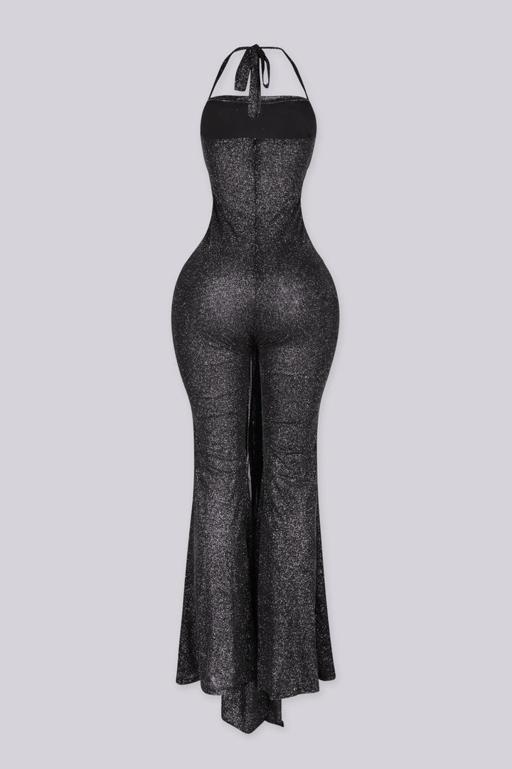 Silver glitter two-tone wide leg jumpsuit featuring corset waist detail