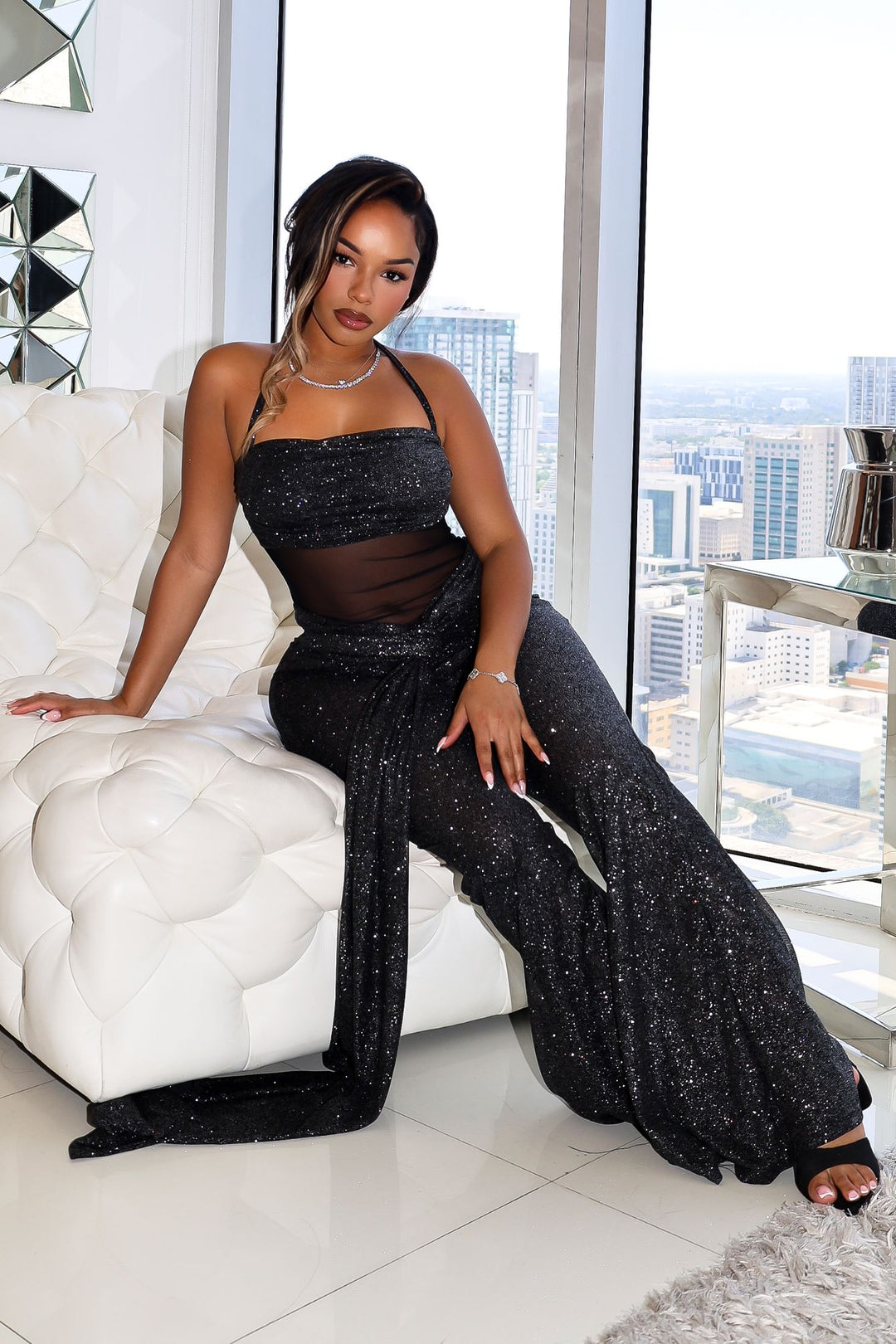 Silver glitter two-tone wide leg jumpsuit featuring corset waist detail
