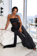 Silver glitter two-tone wide leg jumpsuit featuring corset waist detail
