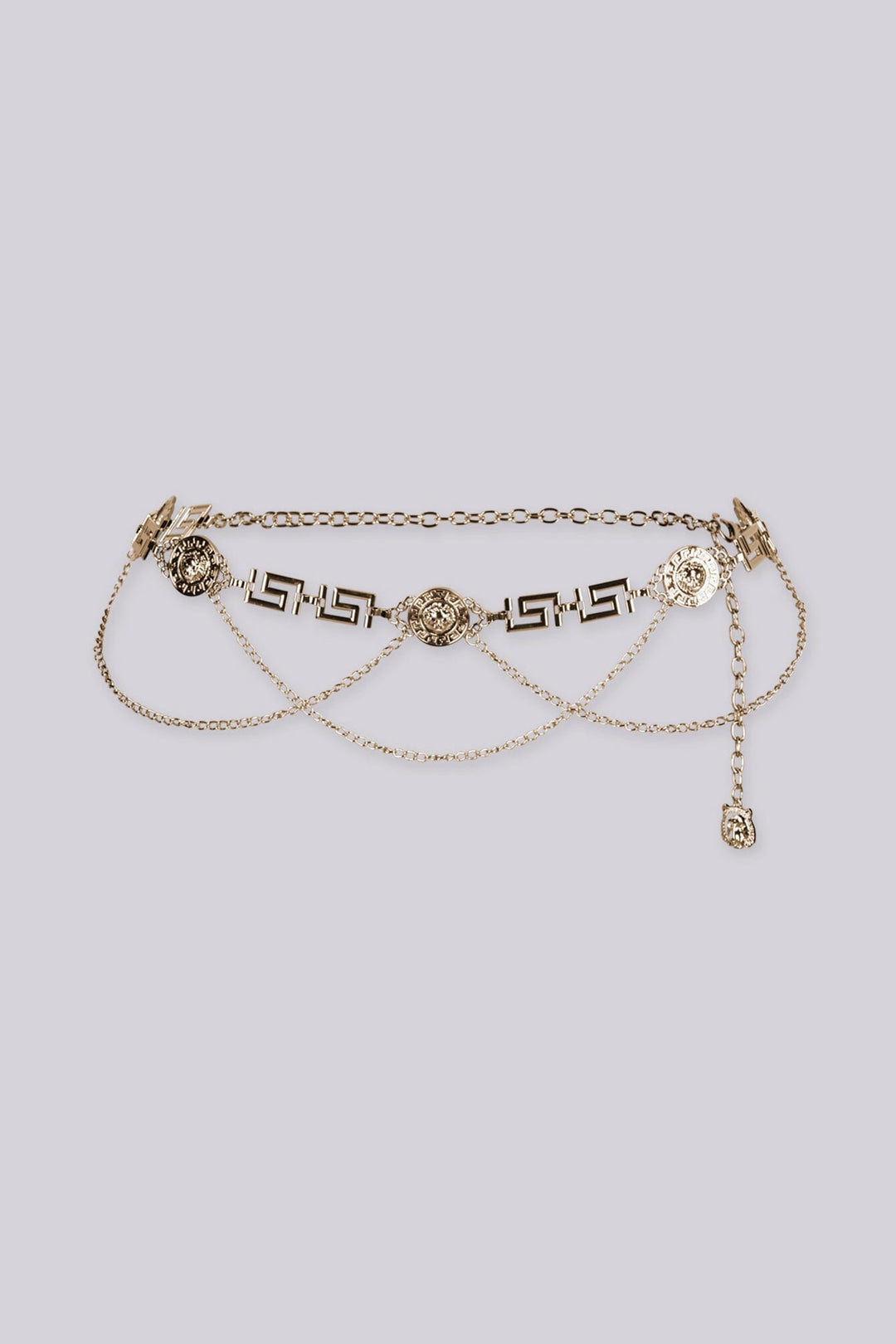 EDGE — gold lion medallion chain belt with layered draped chains, flat product shot
