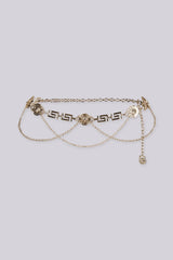 EDGE — gold lion medallion chain belt with layered draped chains, flat product shot