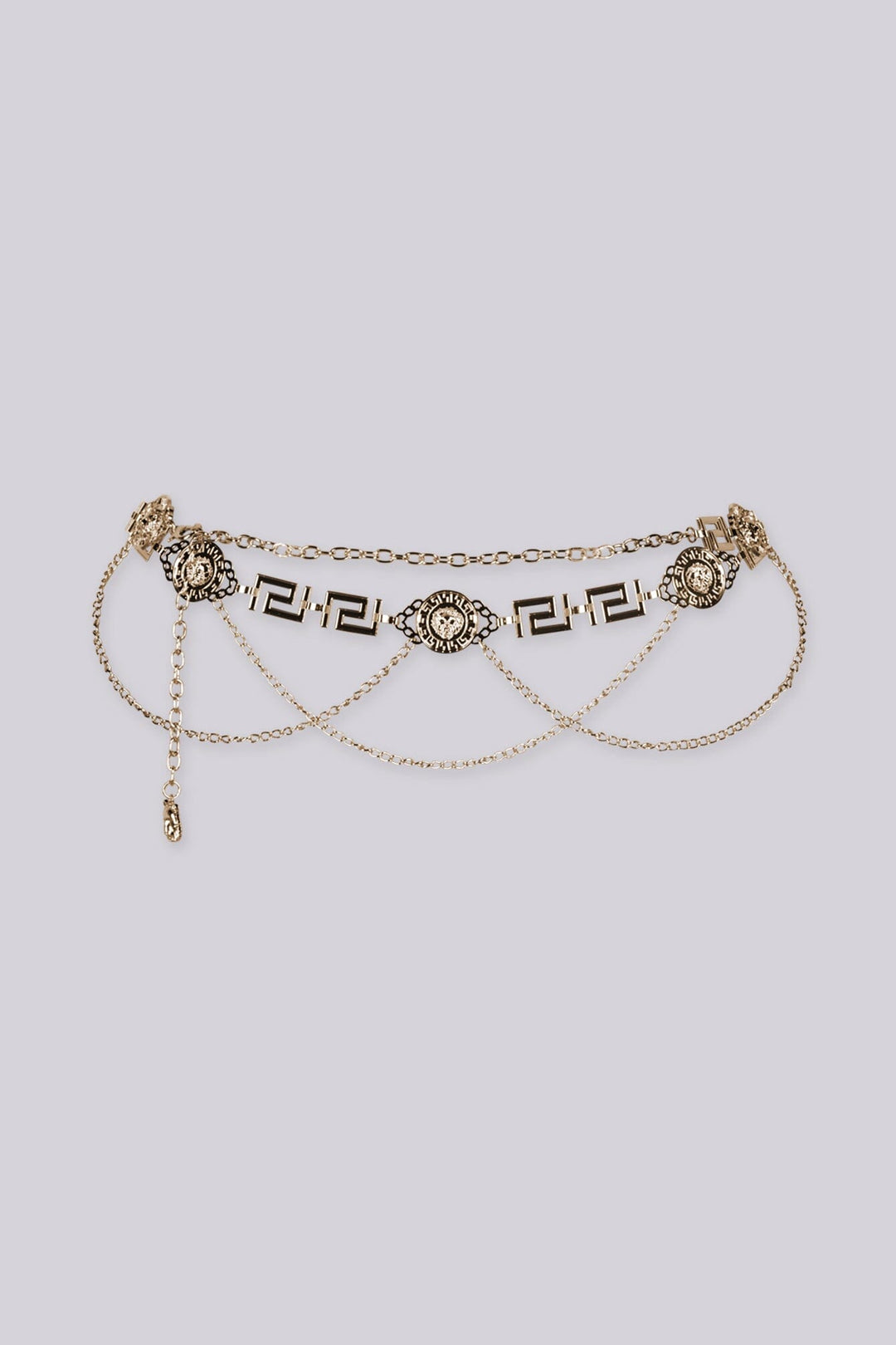 EDGE — gold lion medallion chain belt with layered draped chains, alternate angle flat product shot
