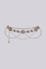 EDGE — gold lion medallion chain belt with layered draped chains, alternate angle flat product shot