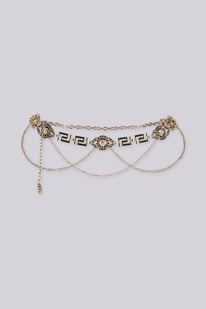 EDGE — gold lion medallion chain belt with layered draped chains, alternate angle flat product shot