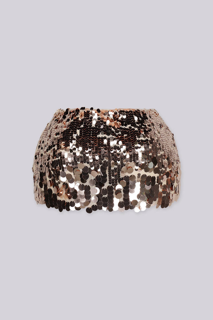 Gold sequin mini skirt with a scalloped hemline