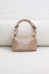 EDGE — gold rhinestone-embellished top handle evening bag, front view flat lay