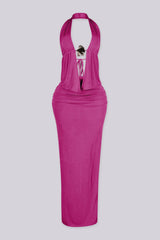 Plunging halter top featuring open front with seashell hardware clasp
High waisted maxi skirt featuring ruching down the center front with pull on styling