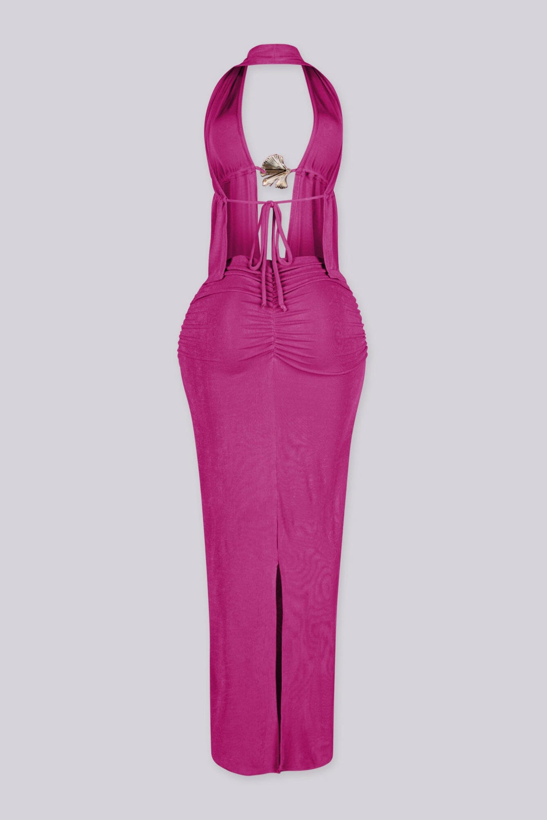 Plunging halter top featuring open front with seashell hardware clasp
High waisted maxi skirt featuring ruching down the center front with pull on styling
