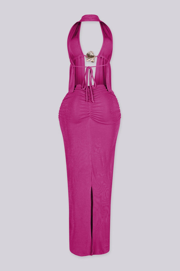 Plunging halter top featuring open front with seashell hardware clasp
High waisted maxi skirt featuring ruching down the center front with pull on styling