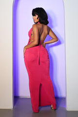 Plunging halter top featuring open front with seashell hardware clasp
High waisted maxi skirt featuring ruching down the center front with pull on styling
