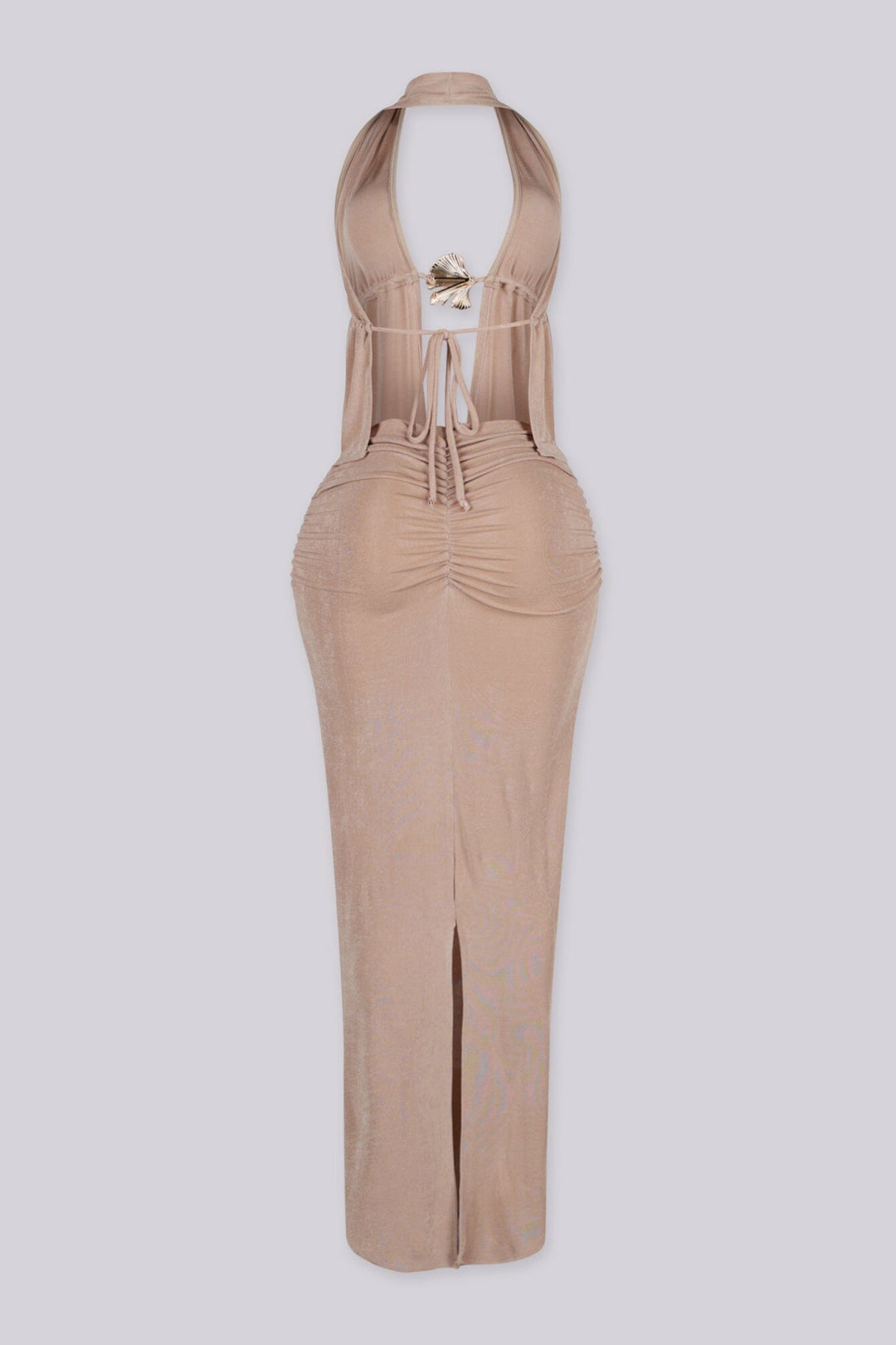 Plunging halter top featuring open front with seashell hardware clasp
High waisted maxi skirt featuring ruching down the center front with pull on styling
