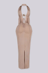 Plunging halter top featuring open front with seashell hardware clasp
High waisted maxi skirt featuring ruching down the center front with pull on styling