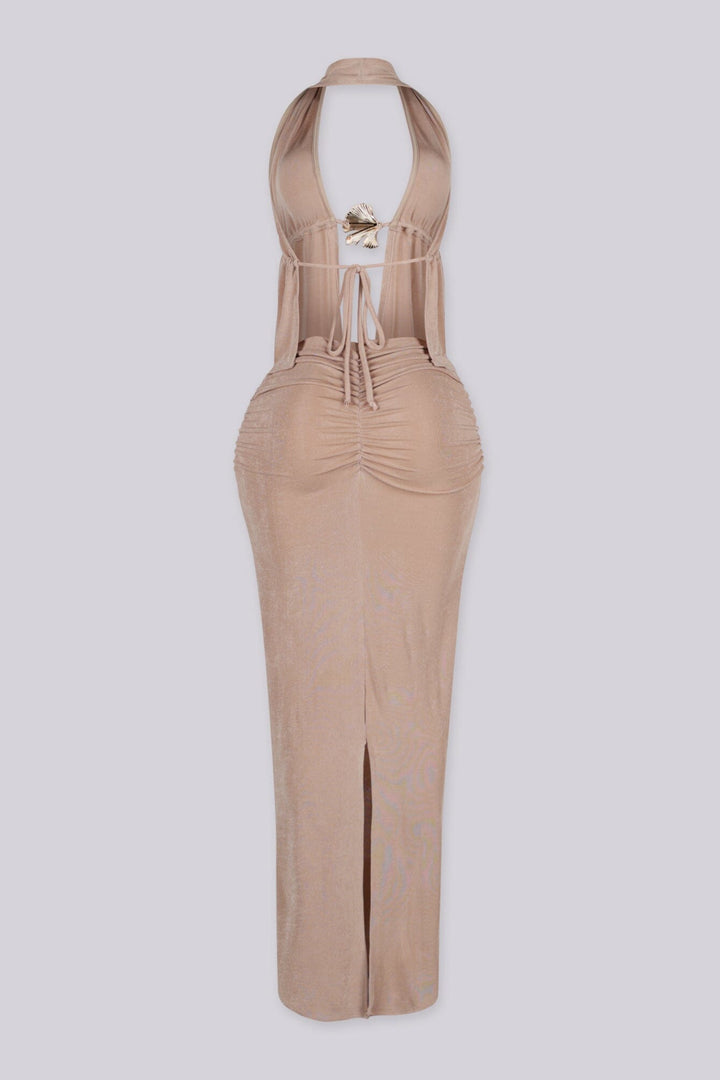 Plunging halter top featuring open front with seashell hardware clasp
High waisted maxi skirt featuring ruching down the center front with pull on styling