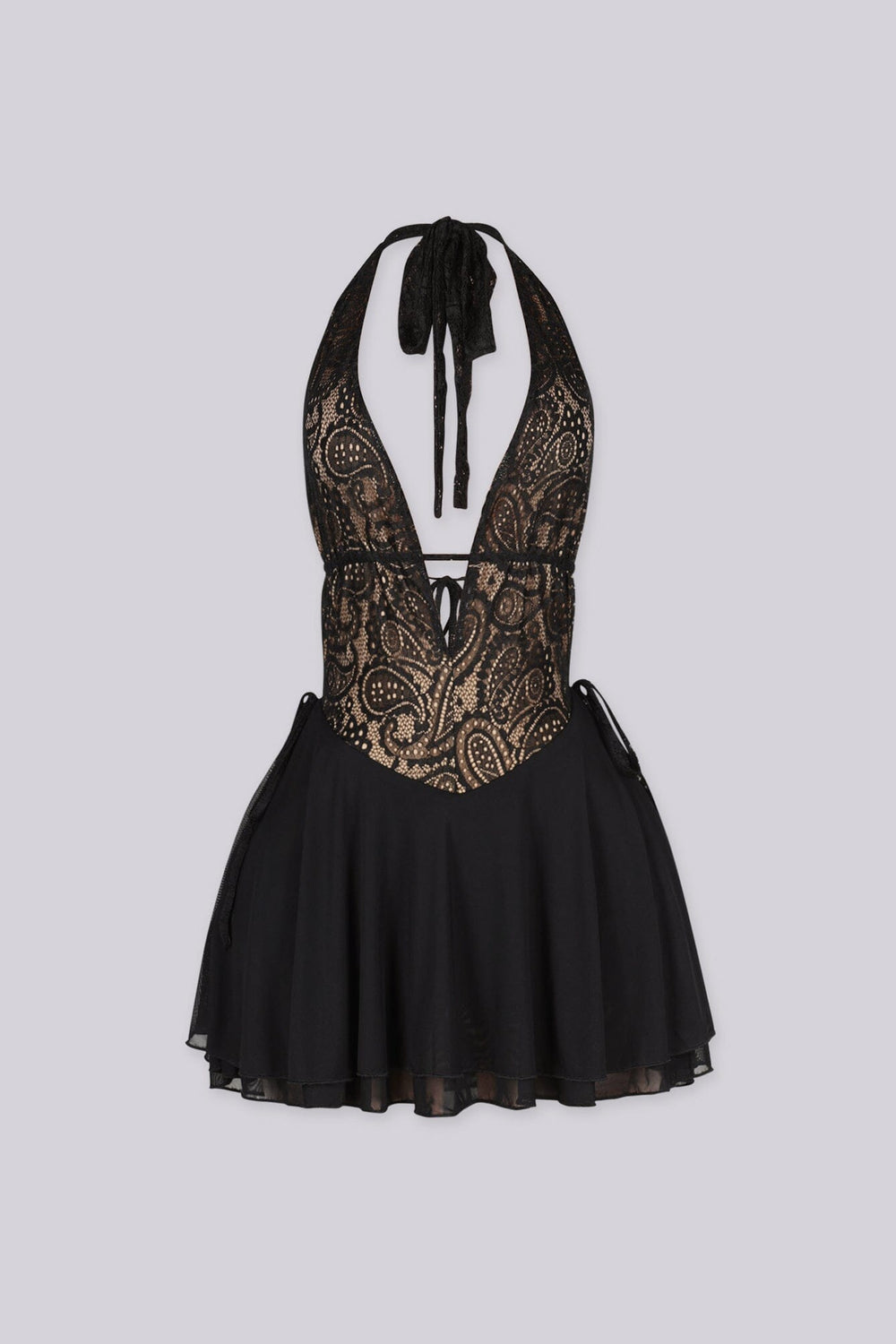 Halter mini dress featuring a deep v neckline, Nude illusion lace bodice, Flowy ruffled skirt and an open back with adjustable string ties