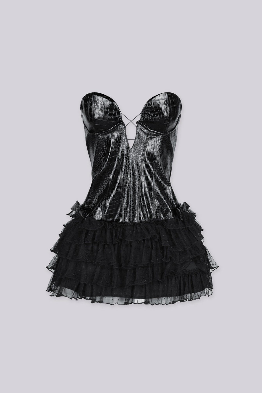 Structured corset bodice in croc embossed faux leather mini dress featuring sweetheart neckline with silicone grip strip inside