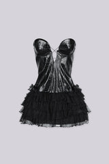 Structured corset bodice in croc embossed faux leather mini dress featuring sweetheart neckline with silicone grip strip inside