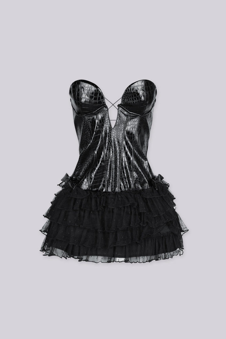 Structured corset bodice in croc embossed faux leather mini dress featuring sweetheart neckline with silicone grip strip inside