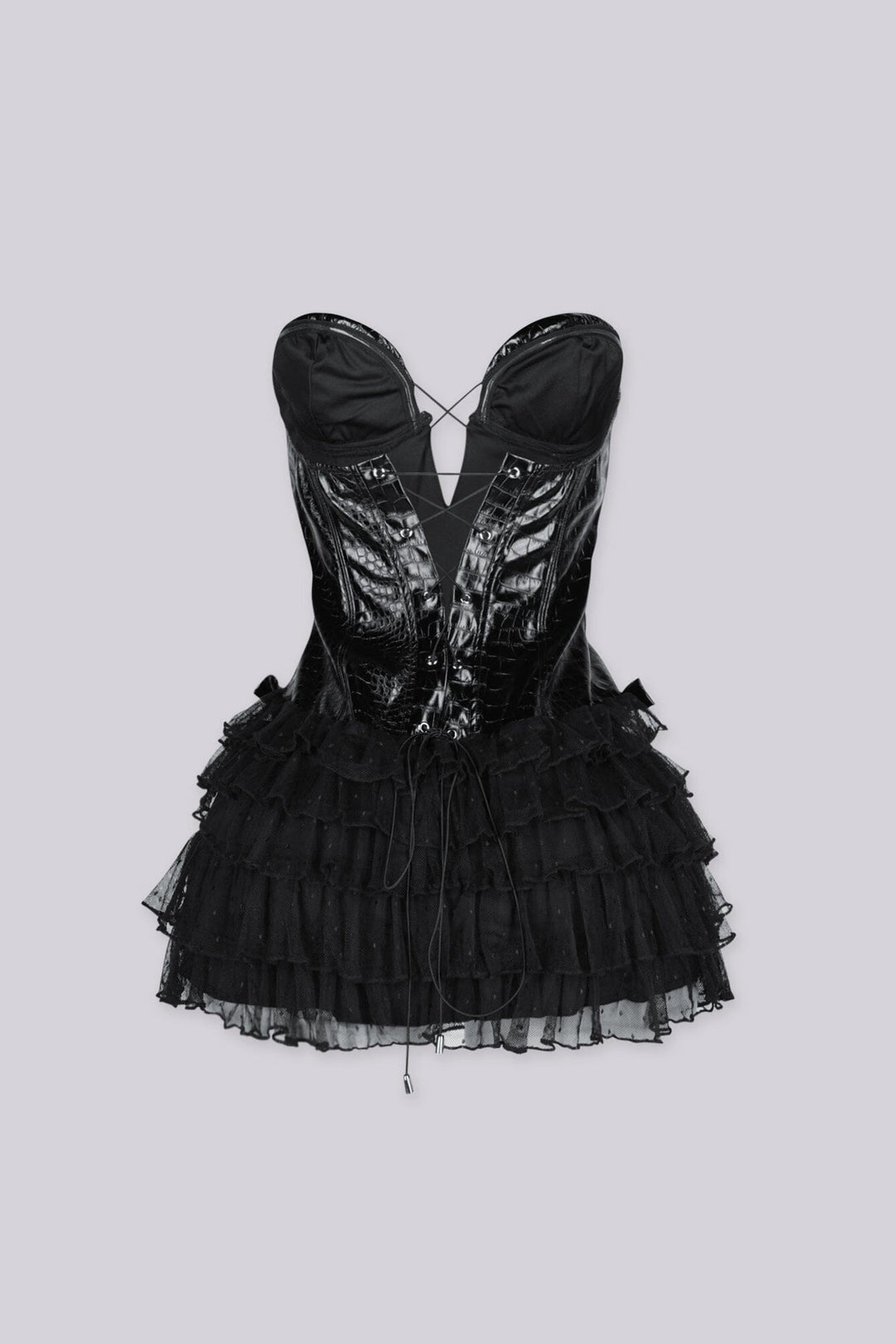 Structured corset bodice in croc embossed faux leather mini dress featuring sweetheart neckline with silicone grip strip inside