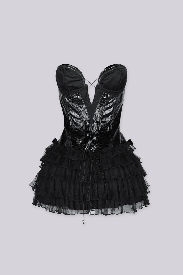 Structured corset bodice in croc embossed faux leather mini dress featuring sweetheart neckline with silicone grip strip inside