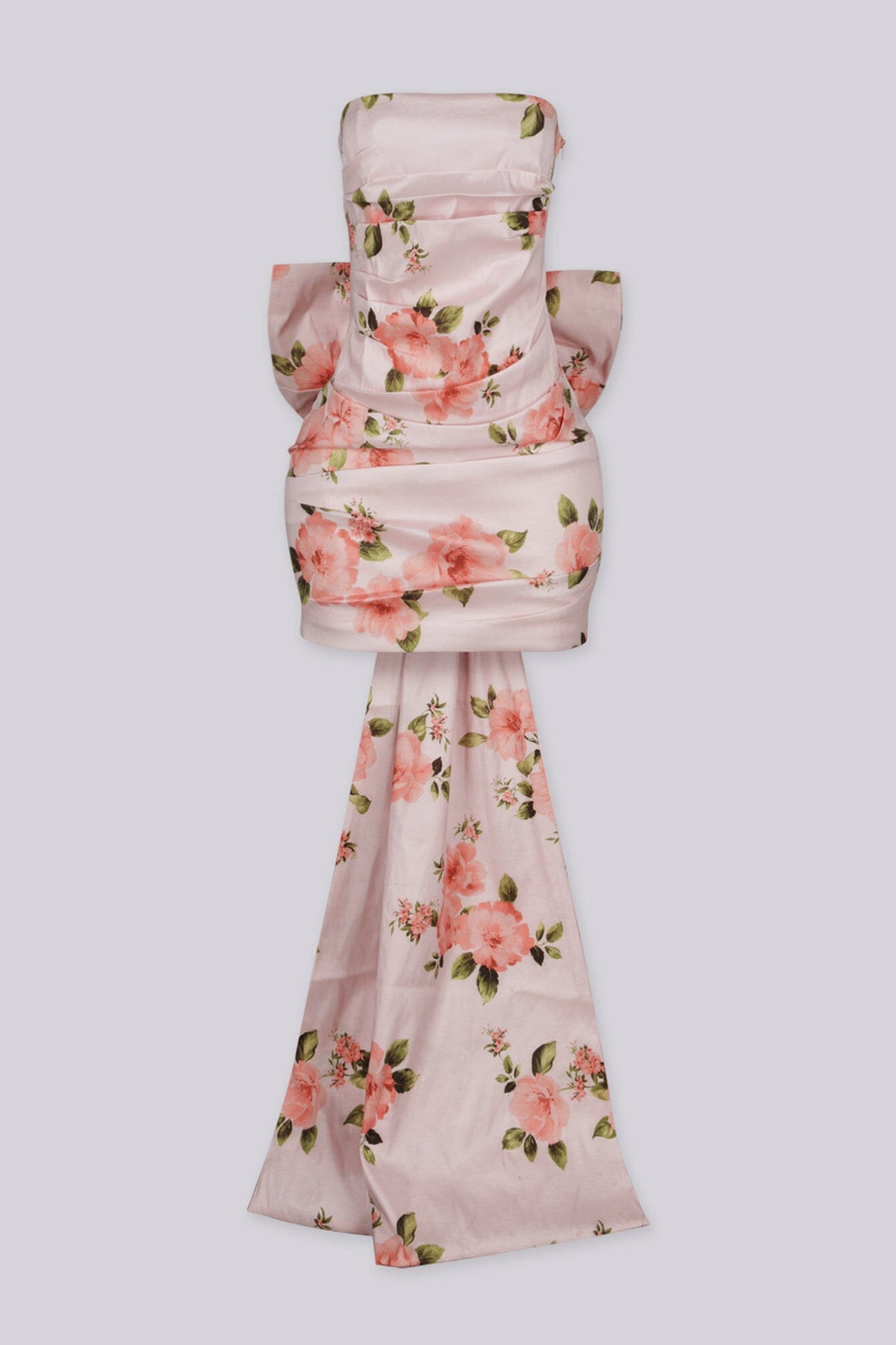 Floral satin mini dress with ruched front,
Oversized statement bow at the back
